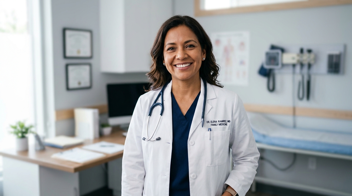 Doctora sonriendo en su consultorio