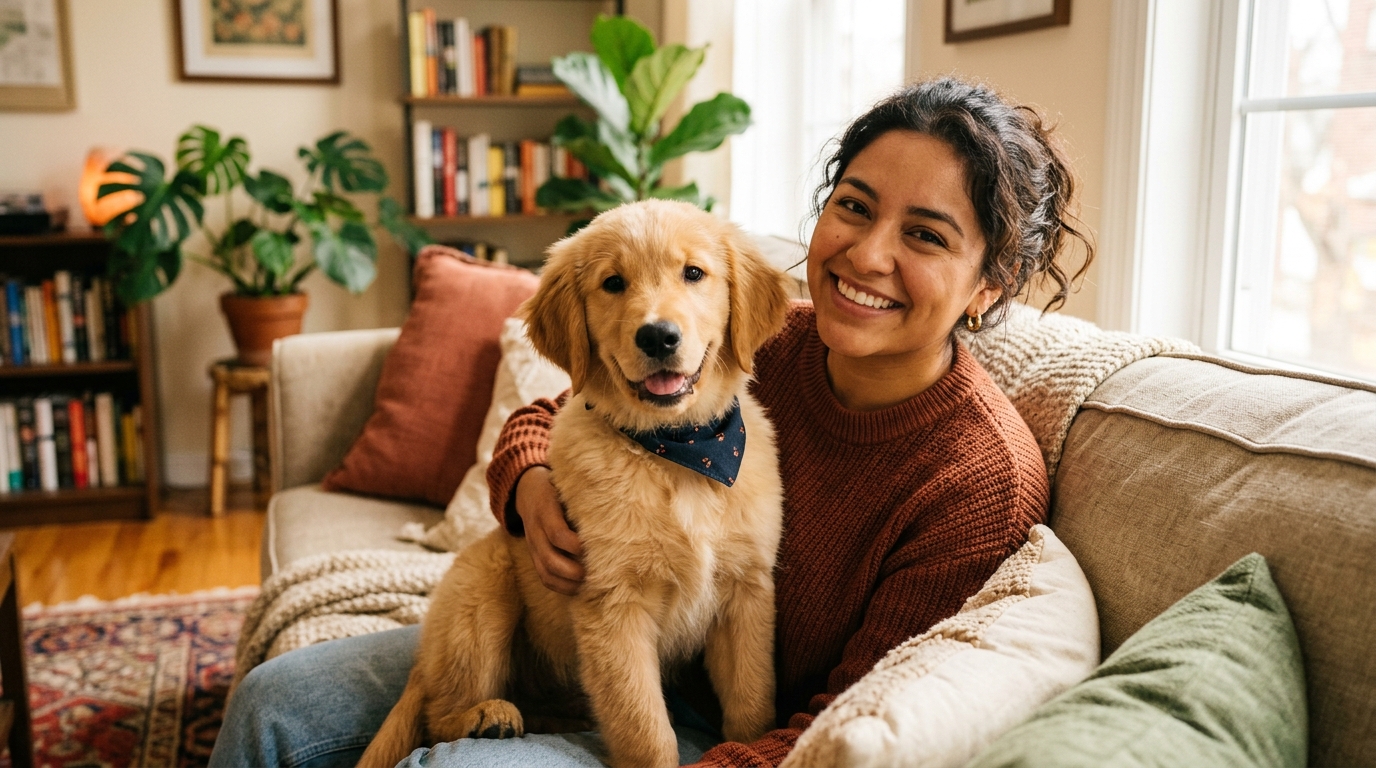 Mujer abrazando a su cachorro en el sofá