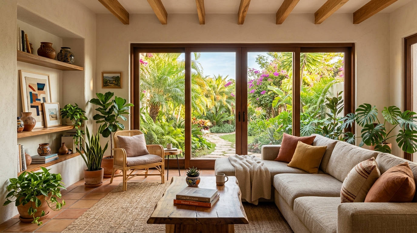 Sala luminosa de una casa mexicana con vista al jardín