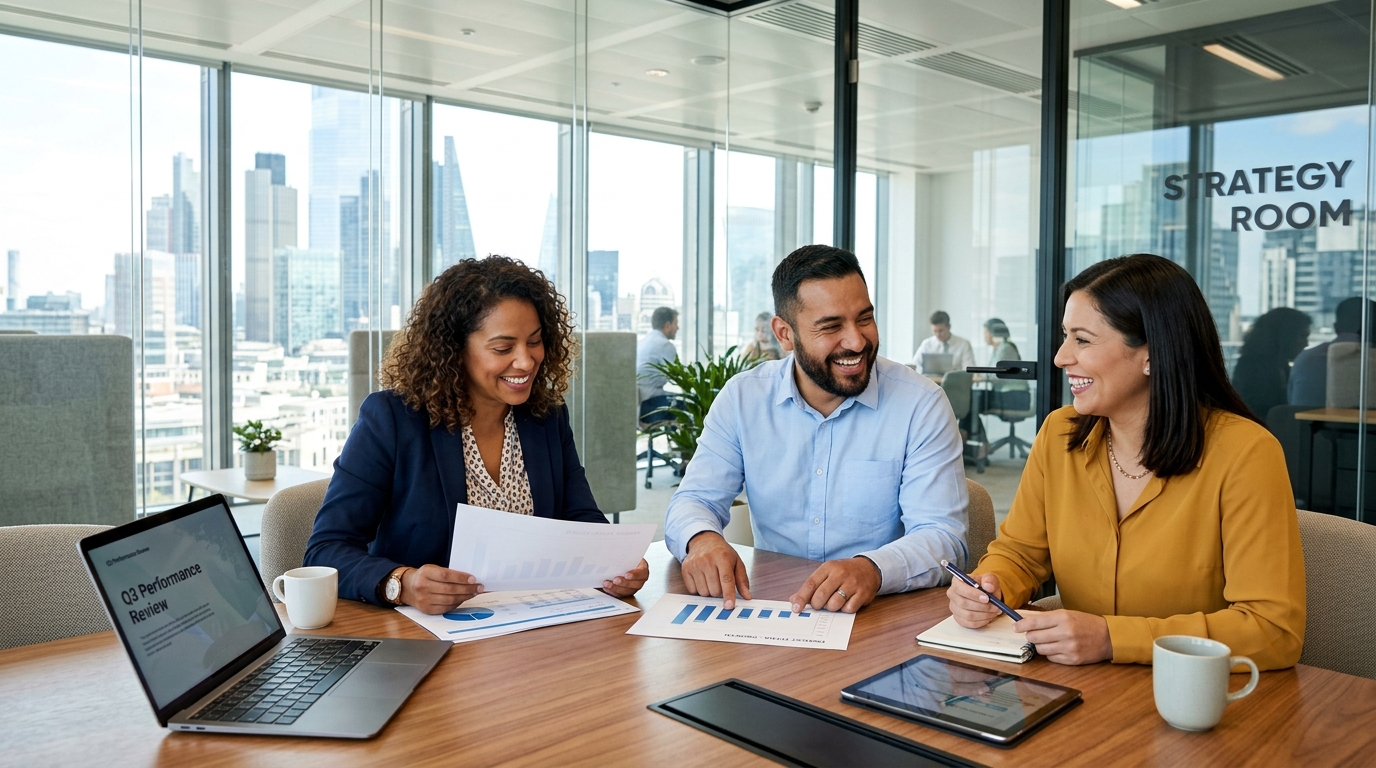 Ambiente de trabajo colaborativo en una oficina luminosa